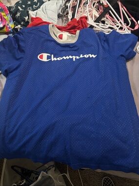 Champion Blue Mesh Logo Tee with Gray Trim